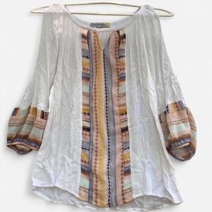 Bohemian White Blouse with Multicolor Stripes